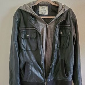 Faux Leather Jacket w/ attached grey hoodie